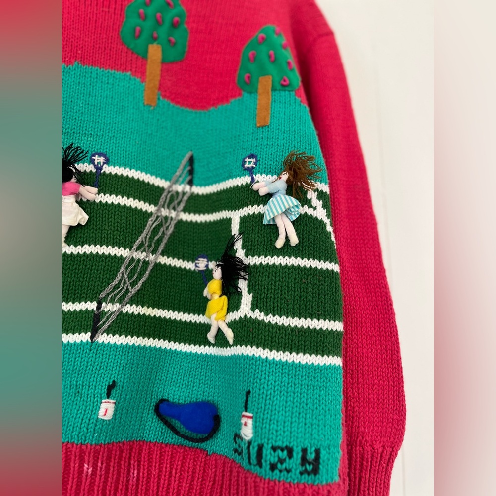Vintage Cotton 3D Women's Red Tennis Scene Sweater Medium Large - Picture 6 of 14